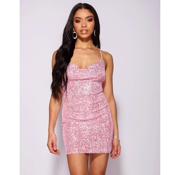 Pink Sequins Sleeveless Cowl Neck Open Back Backless Bodycon Mini Dress - Picture 12 of 13